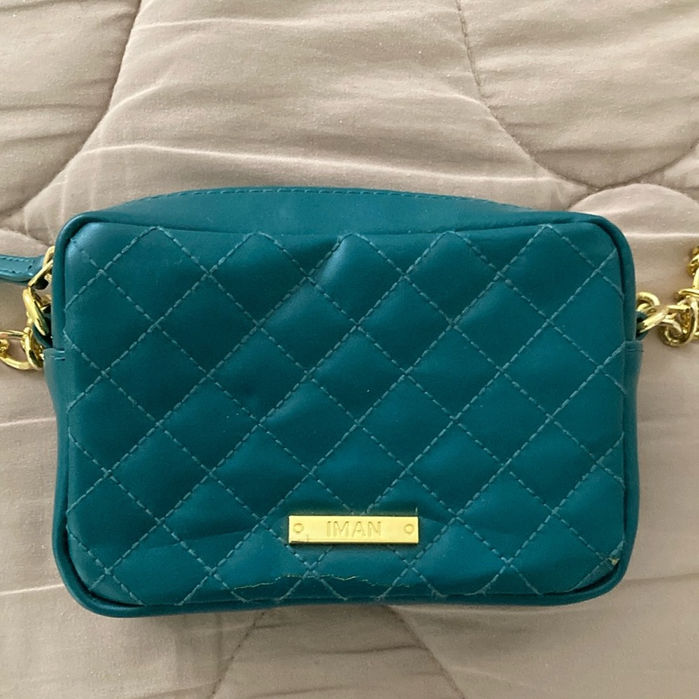 IMAN  Green Leather Quilted Crossbody Bag with Gold Hardware